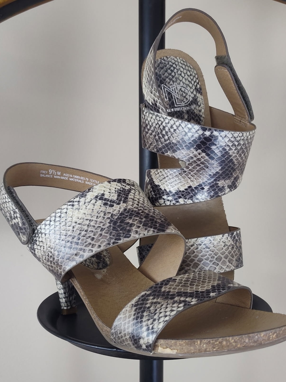 new directions Snake-Print Strappy Heels in Taupe, Black and Cream